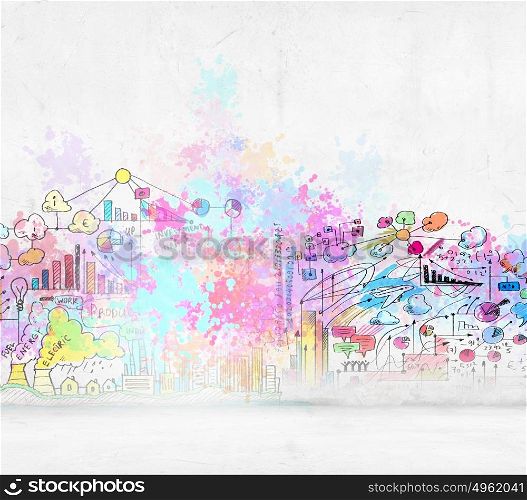 Urban scene. Background sketch image with buildings and urban scenes