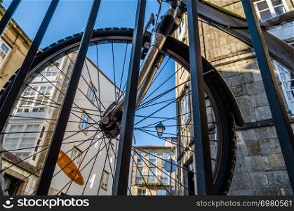 Urban scene, bicycle in the streets of Santiago de Compostela, Spain
