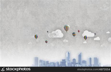 Urban scene. Urban scene with colorful aerostats flying in air
