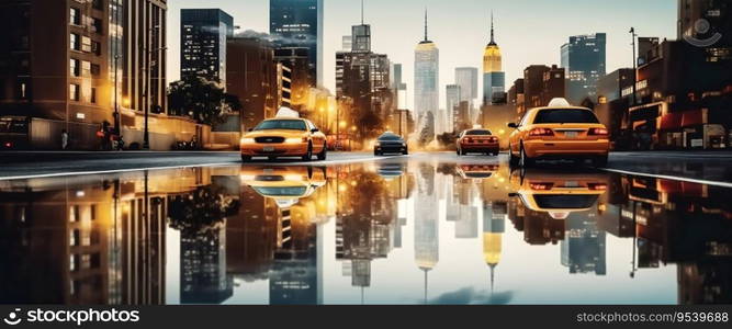 Urban Skyscraper Landscape Reflected in a Rain Puddle with a Taxi on the Street