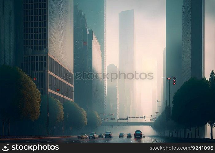 Urban skyscrapers at early foggy morning in the city district. Neural network AI generated art. Urban skyscrapers at early foggy morning in the city district. Neural network generated art
