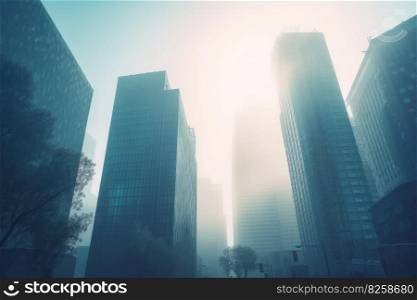 Urban skyscrapers fog. Modern skyline. Generate Ai. Urban skyscrapers fog. Generate Ai