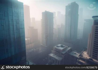 Urban skyscrapers fog travel. Smoke tower. Generate Ai. Urban skyscrapers fog travel. Generate Ai