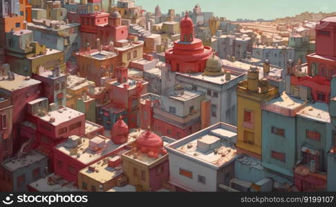 Urban street landscape with small shops and residential buildings, cartoon generative ai background. . Urban street landscape with small shops and residential buildings, cartoon generative ai. 