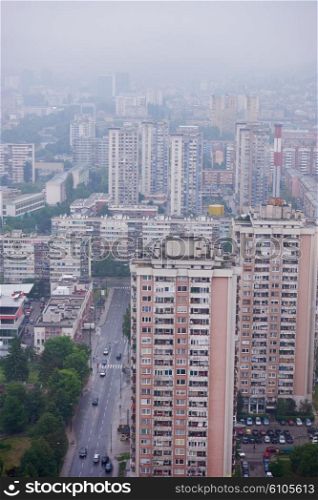 urban street scene of city and buildings top view