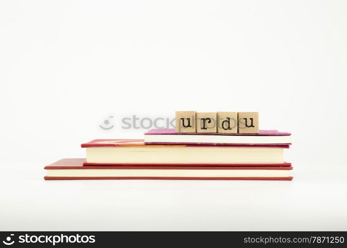 urdu word on wood stamps stack on books, language and study concept