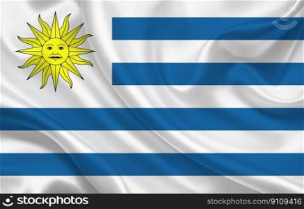 Uruguay country flag on wavy silk fabric background panorama - illustration. Uruguay country flag on wavy silk fabric background panorama