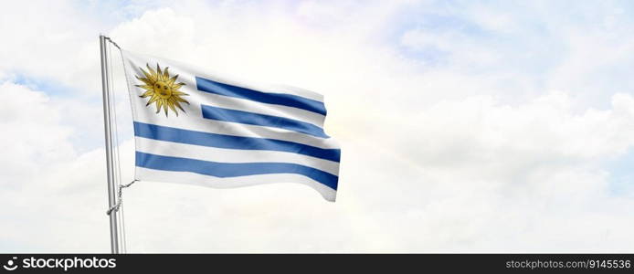 Uruguay flag waving on sky background. 3D Rendering