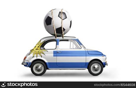Uruguay football car. Uruguay flag on car delivering soccer or football ball isolated on white background