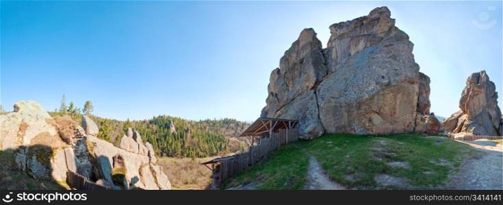 Urych Rocks panorama - on place of Tustanj historic fortress in Carpathian Mountains (Lviv Region, Ukraine). Five shots stitch image.