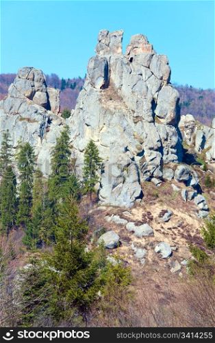 Urych Rocks view- on place of Tustanj historic fortress in Carpathian Mountains (Lviv Region, Ukraine).