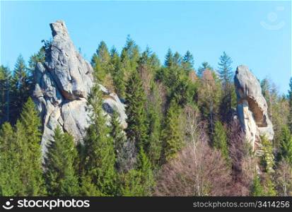 Urych Rocks view- on place of Tustanj historic fortress in Carpathian Mountains (Lviv Region, Ukraine).