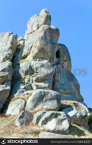 Urych Rocks view- on place of Tustanj historic fortress in Carpathian Mountains (Lviv Region, Ukraine).