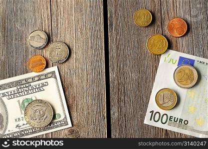 US and euro currency over wooden background