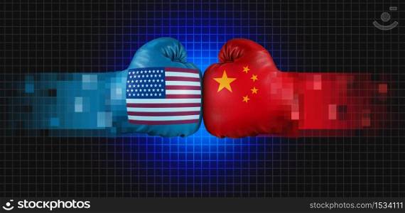 US China tech cold war and United States or USA technology with two opposing digital partners as an economic import and exports conflict concept with 3D illustration style.