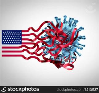 US coronavirus challenges and United States covid-19 virus infection issues as an American healthcare crisis with the USA flag entangled with a contagious cell as a 3D illustration.