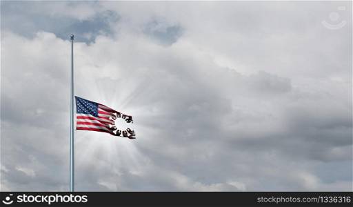 US coronavirus loss and American deadly virus tragedy as a Half mast United States flag concept torn into the shape of a virus cell to honor respect the fallen heros background with 3D illustration elements.