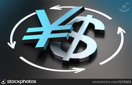 US Dollar and Japanese Yen symbols over black background with circular arrows. conceptual image for illustration of exchange rate between the two currencies. USD JPY Exchange Rate