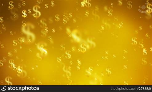 Us dollar currency symbol flying in the air on gold background in financial money investment concept. 3d abstract sign illustration
