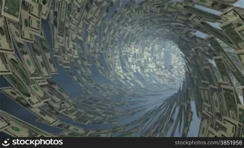 US Dollar currency tunnel fly through, bloom