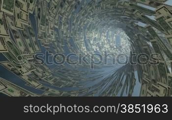 US Dollar currency tunnel fly through, bloom, Alpha