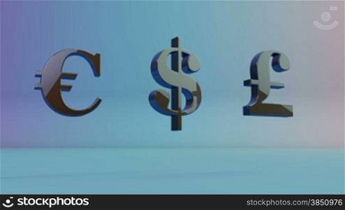 US Dollar, EURO and English Pound rotating, falling coins