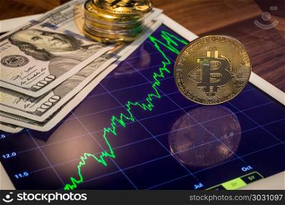 US dollar money, cryptocurrency Bitcoin on tablet.. Cryptocurrency and US 100 dollar banknotes, focus gold Bitcoin reflect on tablet screen show green price stock market trend graph. Concepts of transfer or exchange digital money through blockchain.