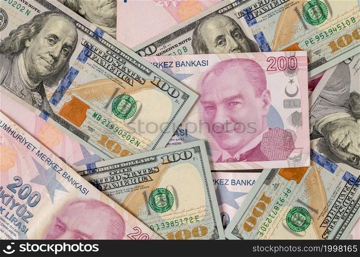 US dollars and Turkish Liras on top of each other completely covering the screen