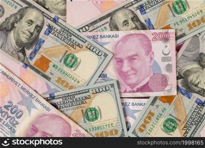 US dollars and Turkish Liras on top of each other completely covering the screen