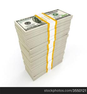 US dollars banknotes money stack on white