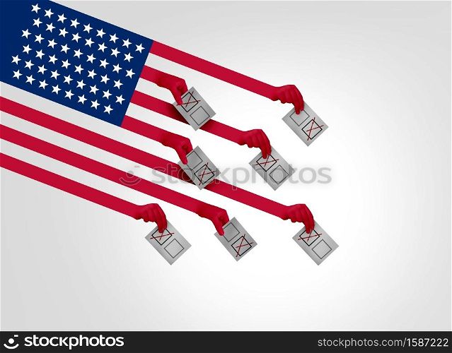 US election and United States vote or American voters voting in the USA for a president or senator and cogressman or cogresswoman in a 3D illustration style.