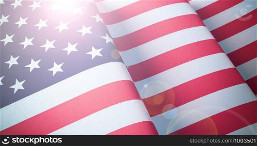 US Flag. Warm matte colors. Old Glory waving patriotic background with lens flare effect. 3d illustration