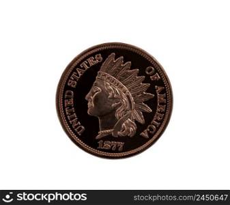 US Indian head one cent coin isolated on white background for numismatic investment collecting