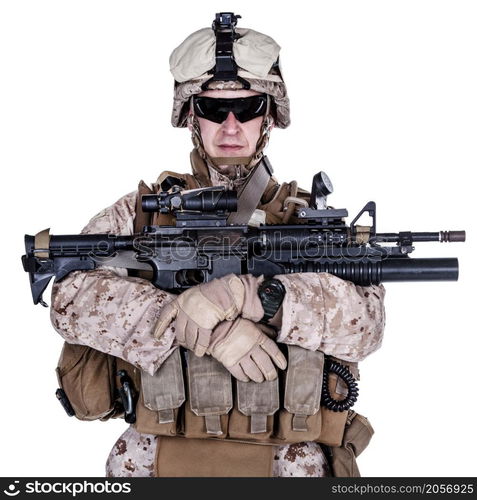 US marine with his assault rifle on white background