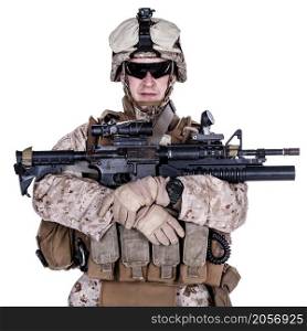 US marine with his assault rifle on white background