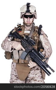 US marine with his assault rifle on white background