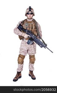US marine with his assault rifle on white background