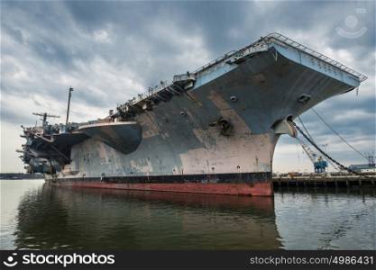 US Navi aircraft carrier warship in the port
