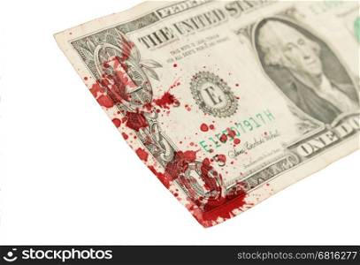 US one Dollar bill, close up photo, blood