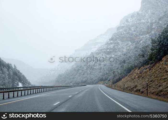 US snowing I 15 interstate snowed road in Nevada USA