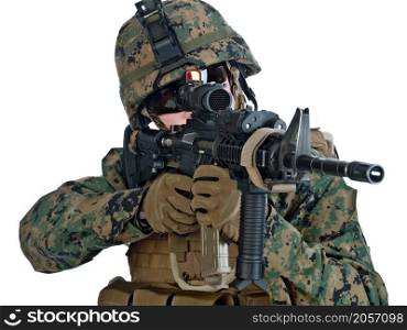 US soldier aiming his assault rifle. White background