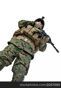 US soldier with his assault rifle on white background