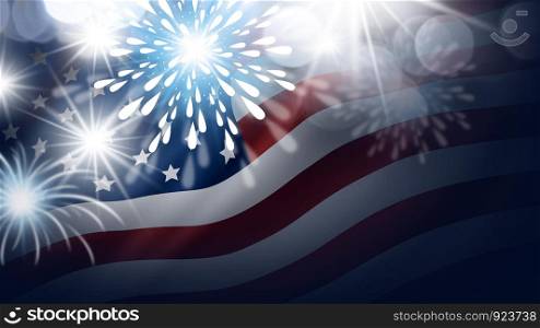USA 4th of july Independence day banner design of American flag with fireworks on black background
