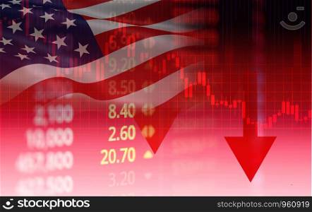 USA. America stock market crisis red price arrow down chart fall / New york Stock Exchange or forex graph business finance money crisis losing moving investment loss and Trade war united states flag