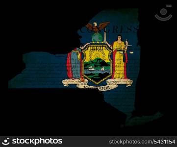 USA American New York state map outline with grunge effect flag insert and Declaration of Independence overlay