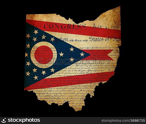 USA American Ohio state map outline with grunge effect flag insert and Declaration of Independence overlay