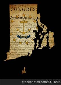 USA American Rhode Island state map outline with grunge effect flag insert and Declaration of Independence overlay