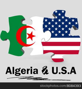 USA and Algeria Flags in puzzle isolated on white background, 3D rendering