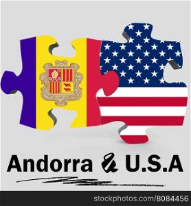 USA and Andorra Flags in puzzle isolated on white background, 3D rendering