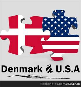 USA and Denmark Flags in puzzle isolated on white background, 3D rendering